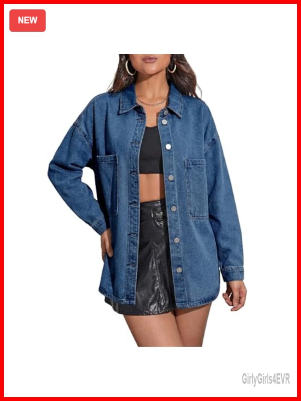 Oversized Denim Button Down Shirt Chest Pockets Cotton Shacket